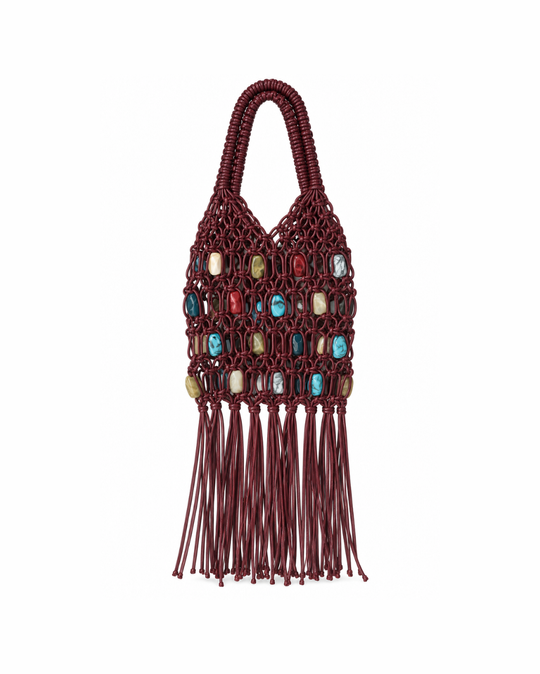 Rio Fringe Bag in Multi Burgundy, burgundy knotted bag with multicolor beads and fringe hem