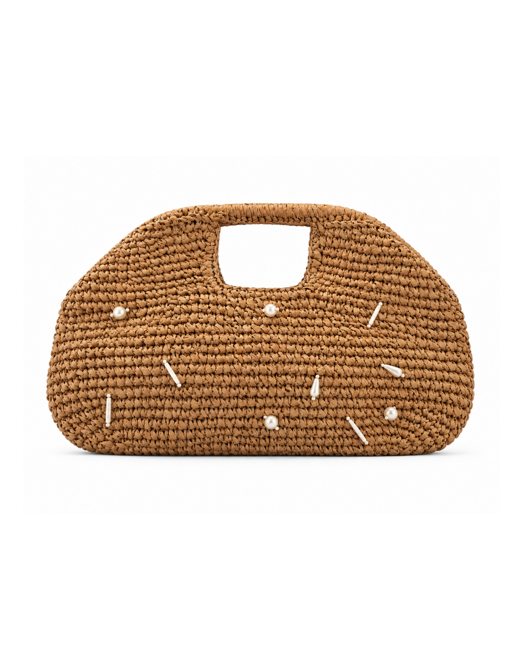 Khaki crocheted straw clutch in a crescent shape with a cut-out top handle and scattered pearl and white bead detail