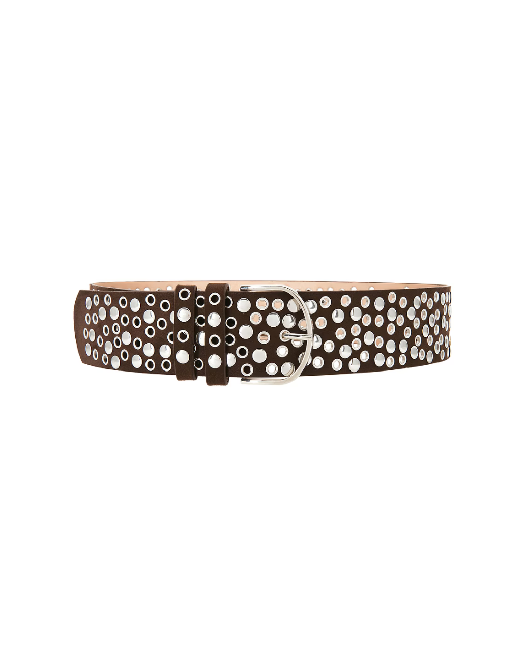 Dark brown faux suede belt covered in silver grommets and round studs, with an oversized rounded silver buckle