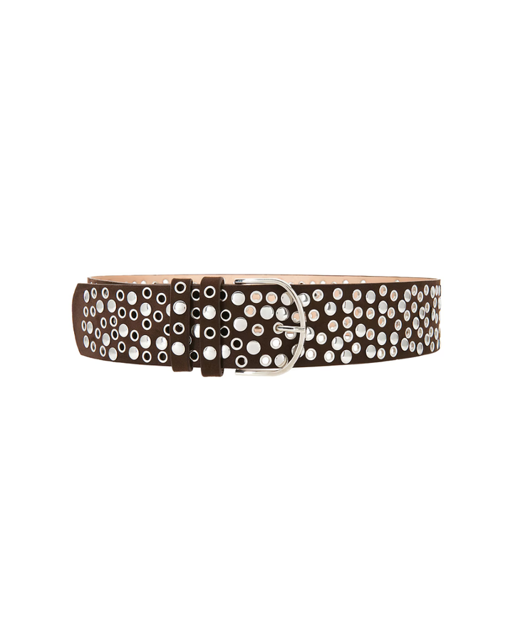 Dark brown faux suede belt covered in silver grommets and round studs, with an oversized rounded silver buckle