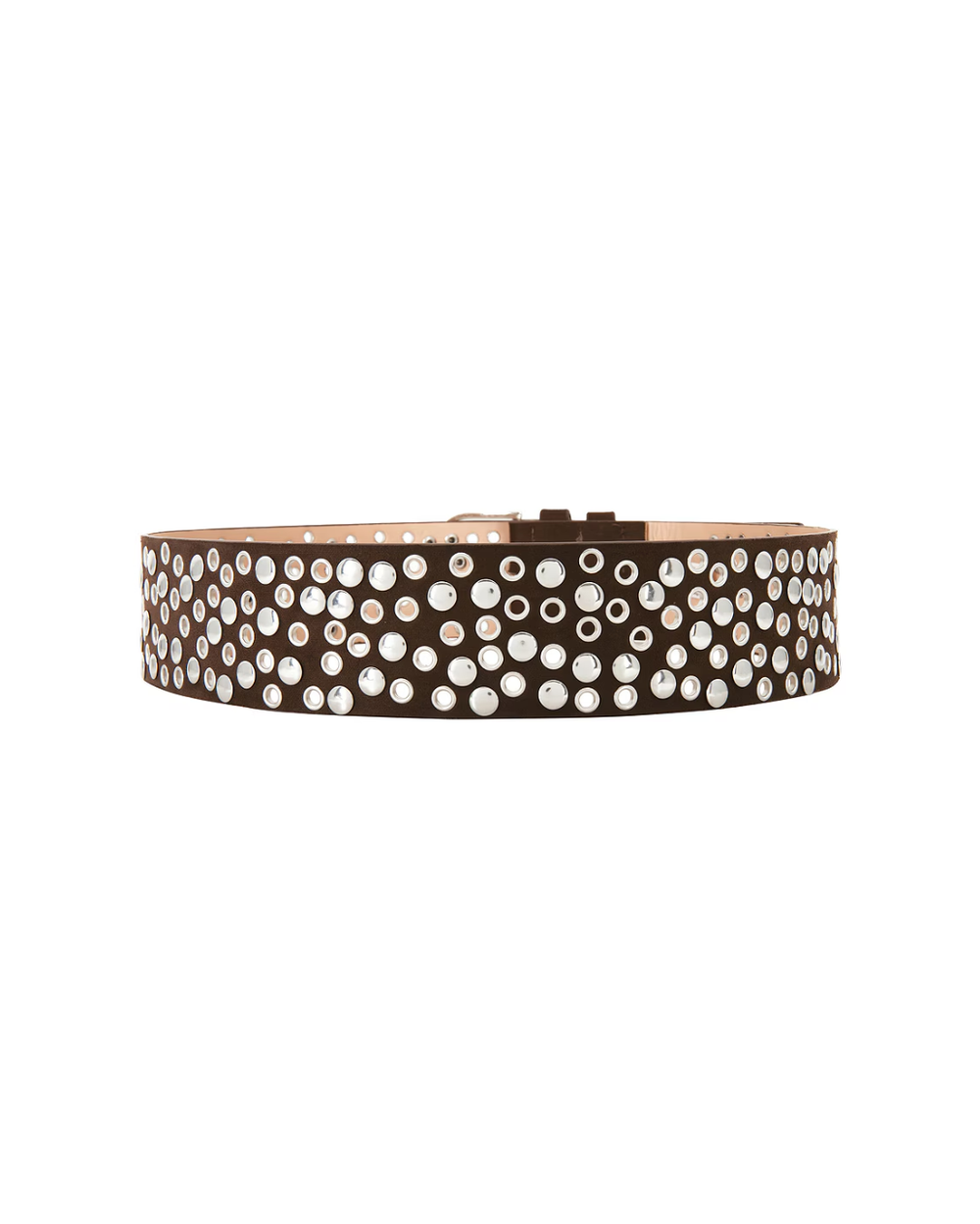 Side view of the dark brown studded suede belt, silver studs and grommets scattered across the full width of the strap