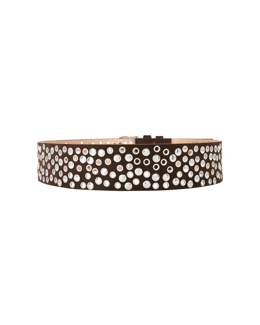 Side view of the dark brown studded suede belt, silver studs and grommets scattered across the full width of the strap