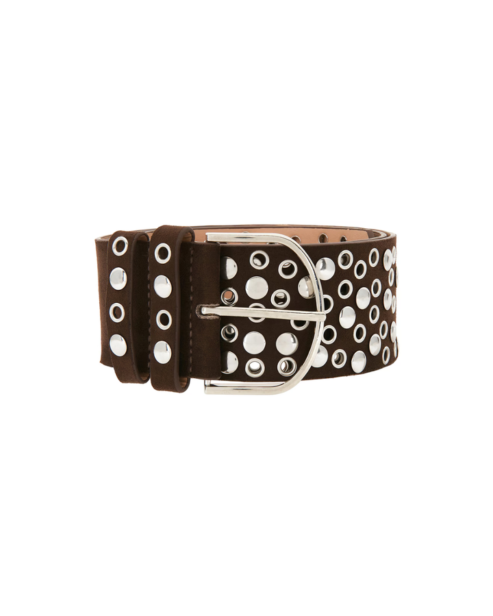 Close view of the brown suede belt's oversized silver buckle, keeper loops and grommet and stud detail