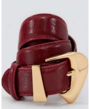 Red patent faux leather belt with gold-tone buckle hardware