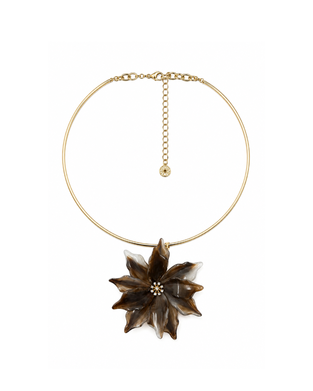 Tremiti choker, a slim gold collar with an oversized brown and cream marbled acrylic flower pendant and a rhinestone center