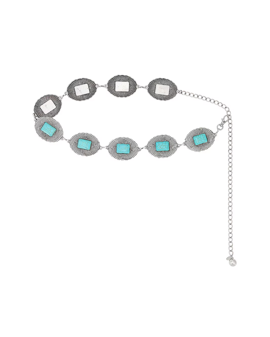 Western Chain Belt in silver — rhodium-plated chain link belt with turquoise stone conchos, shown laid flat