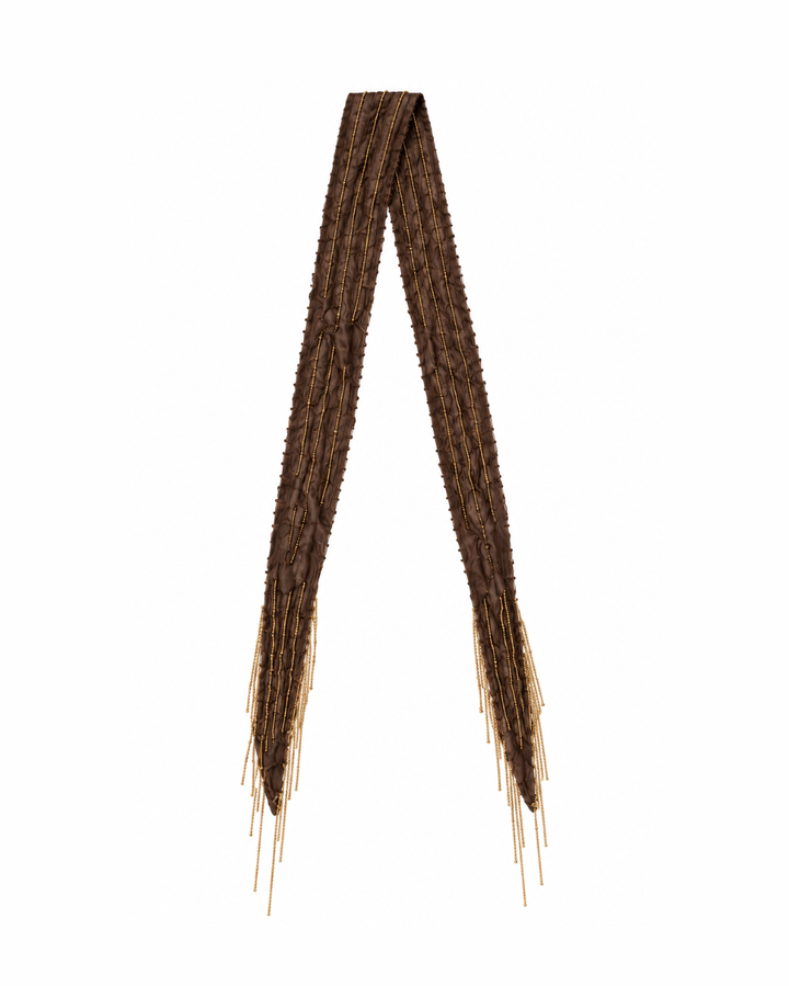 Zahra Scarf, skinny brown scarf with gold-toned beaded fringe at the ends