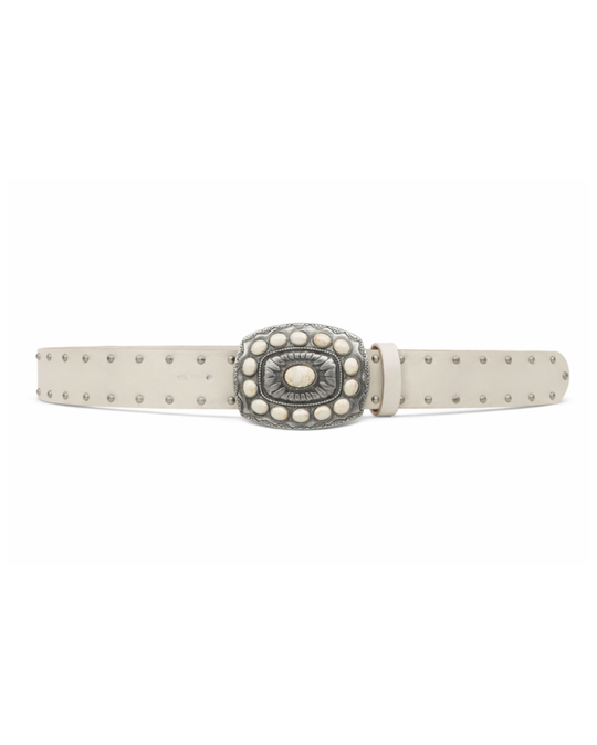White Noise Belt – ivory vegan leather belt with engraved silver concho buckle