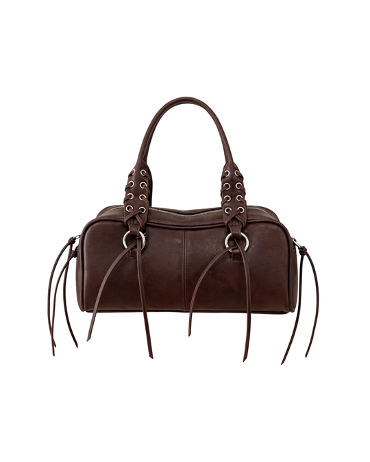 Roxy Shoulder Bag in brown vegan leather with lace-up grommet handles and silver O-ring hardware