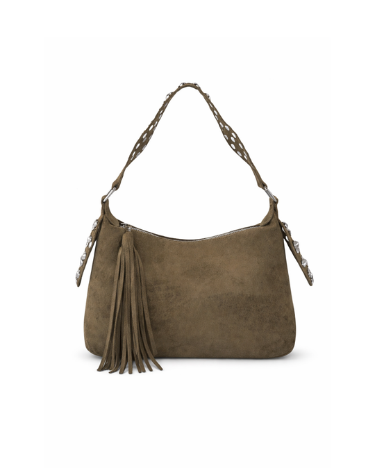 Sage Shoulder Bag – faux suede bag with fringe tassel and studded strap