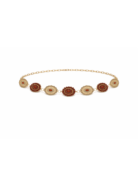 Desert Concho Belt – 18KT gold plated concho chain belt with brown detail, view 2