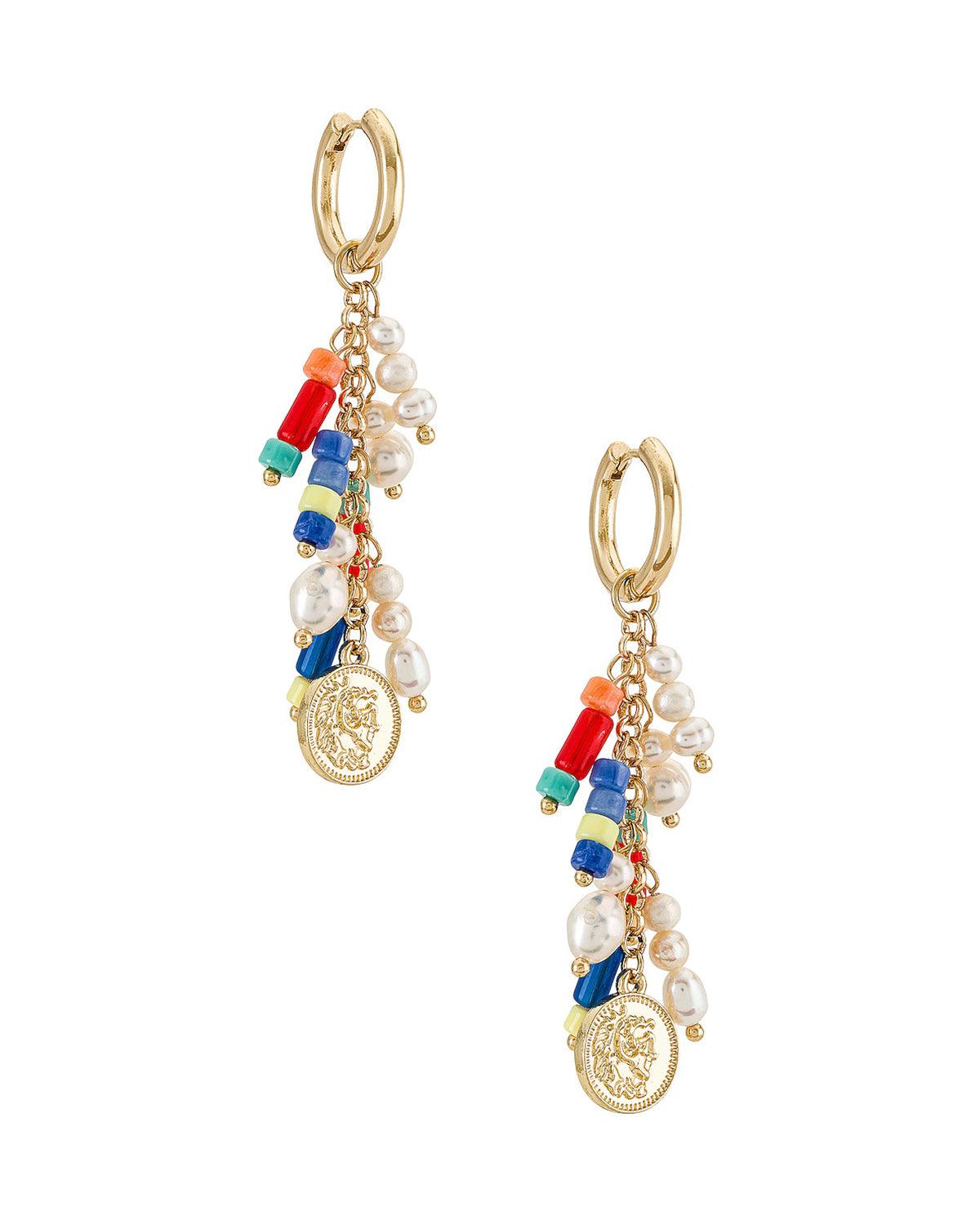 14k gold plated earrings with acrylic pearls and colorful beaded accents. and coin charm. Earring has a hinge closure and measures 2.75 inches long. 