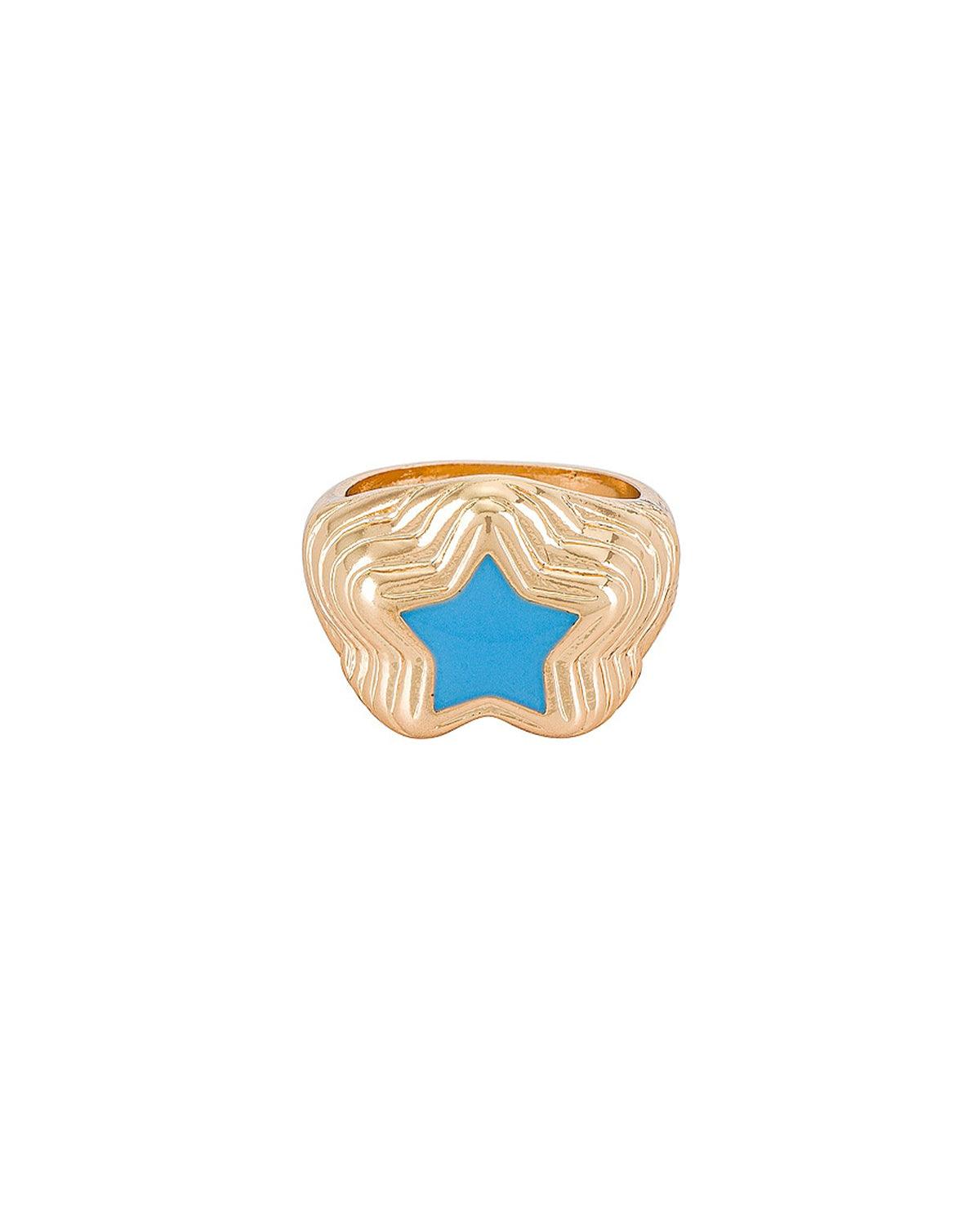 14k gold plated ring with blue star accent. Ring has riddles along the ring. 