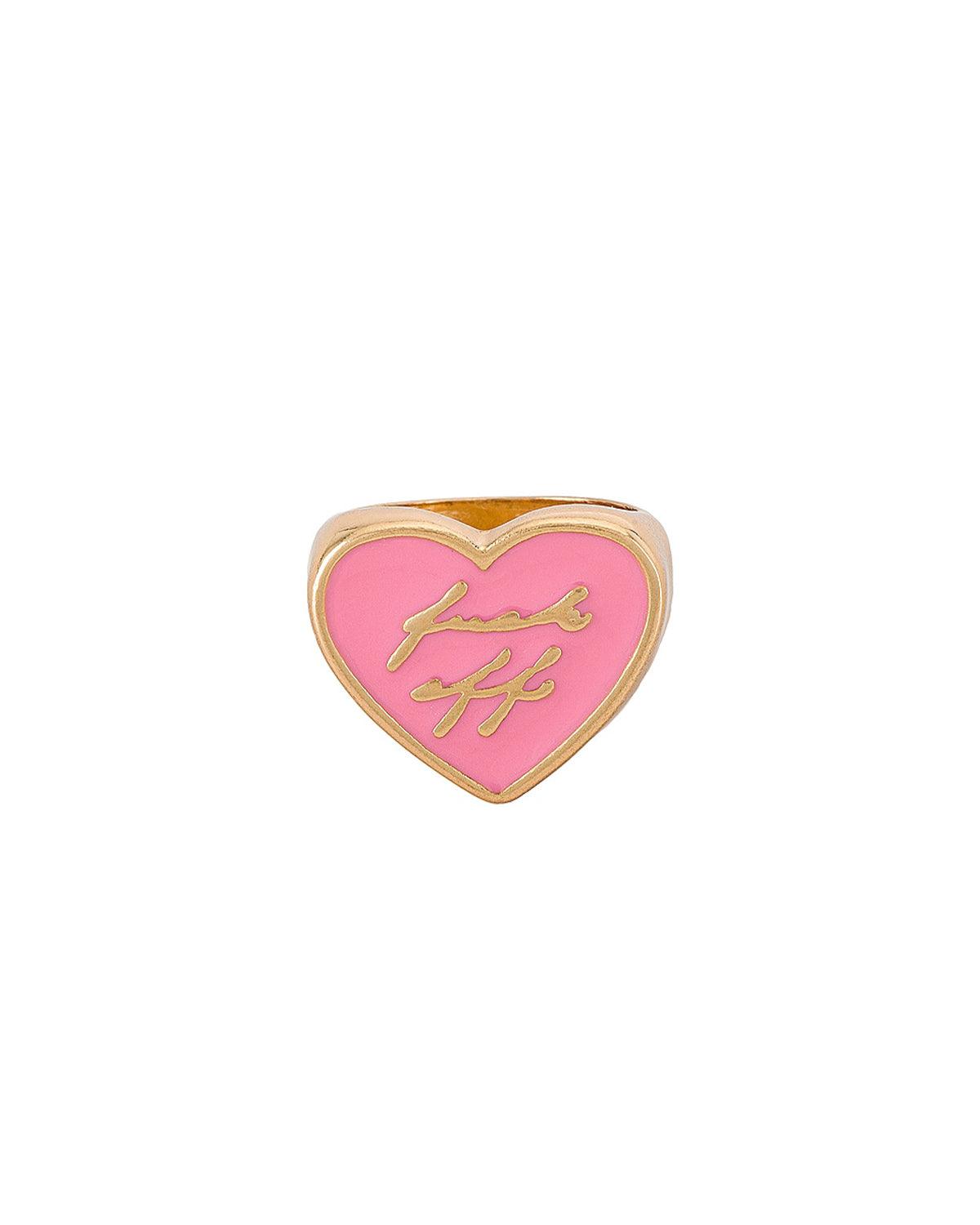 14k gold heart ring. Pink heart with the words 'Fuck off' engraved into the center. 